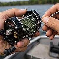 A steel crochet hook being used to remove a tangled backlash from a baitcasting fishing reel, illustrating a practical non-crocheting use for crochet hooks.