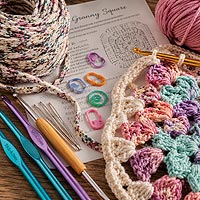 Close-up crochet crafting scene with colorful crochet hooks, stitch markers, tapestry needles, fabric strip yarn, a crochet pattern, and a partially completed crochet project displayed on a wooden craft table.