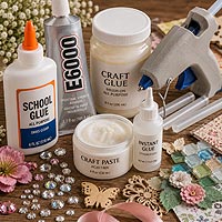 Assortment of craft adhesives including school glue, E6000, brush-on glue, super glue, craft paste, and a hot glue gun with glue sticks, displayed with rhinestones, ribbon, paper embellishments, wooden shapes, baby's breath, and mosaic tiles.