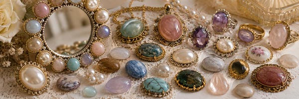 Decorative display of assorted cabochons in many colors, shapes, and sizes, including loose stones, pearl cabochons, ornate jewelry settings, and a mirror embellished with cabochons arranged on a lace-covered surface.