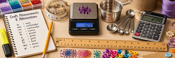 Craft measures and abbreviations reference area featuring a ruler with inches and centimeters, flexible tape measure, digital scale with beads, measuring cups and spoons, calculator, notebook of common measurement abbreviations, and seed beads and pony be