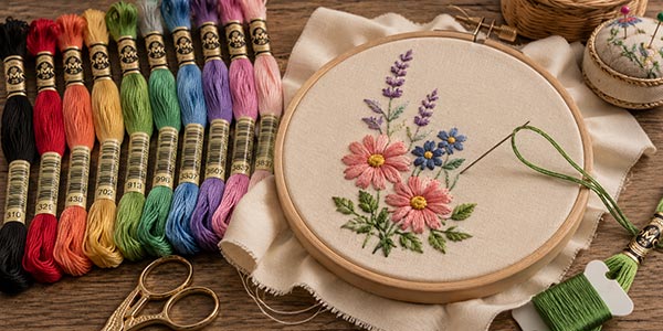 Embroidery workspace with colorful DMC embroidery floss, a wooden embroidery hoop holding muslin fabric, a needle threaded with floss stitching a half-finished floral embroidery design, embroidery scissors, and a pincushion on a wooden crafting table.