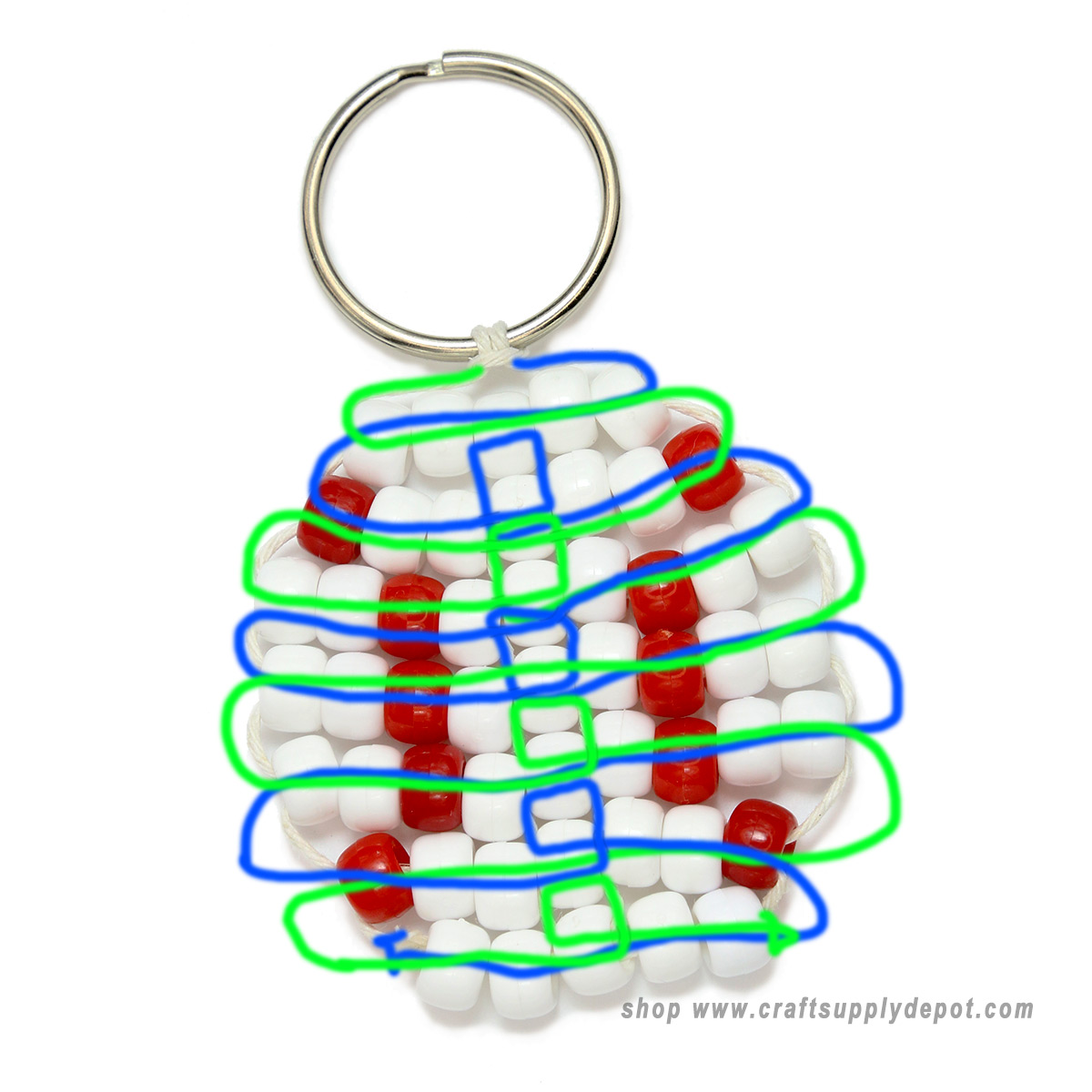 Cord threading pattern for beaded baseball keychain.