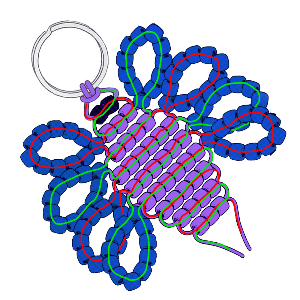 Cord threading pattern for beaded bug keychain.