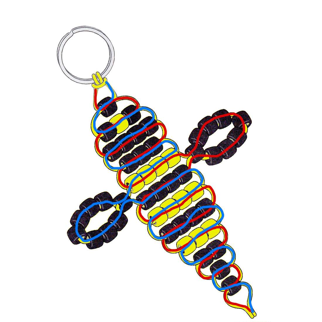 Cord threading pattern for beaded bumblebee keychain.