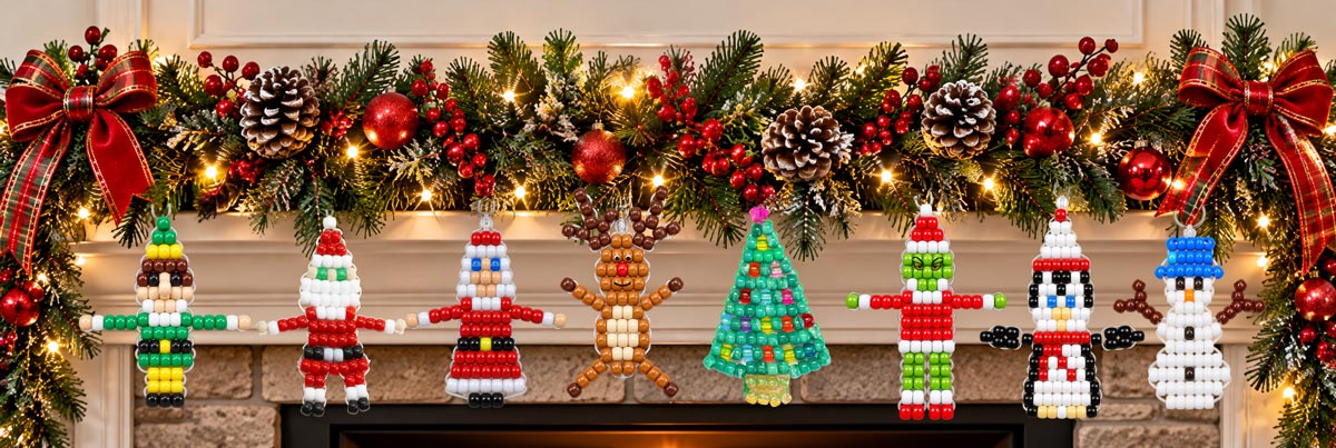 Christmas garland decorated with handmade pony bead ornaments, featuring a collection of Christmas pony bead patterns for creating festive holiday decorations.