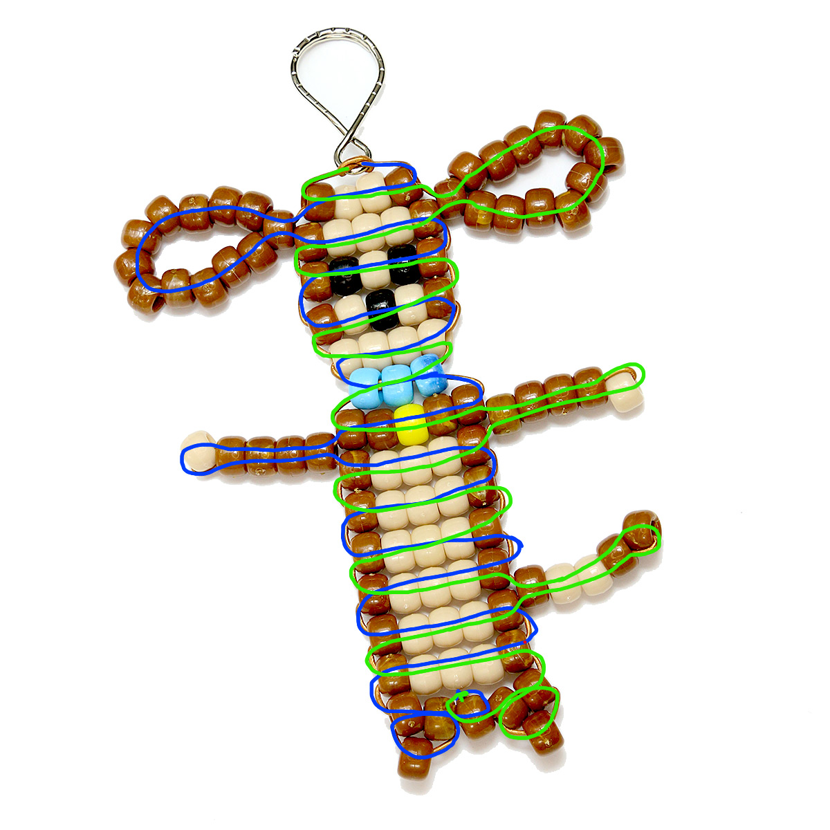 Cord weaving pattern for beaded frog keychain.