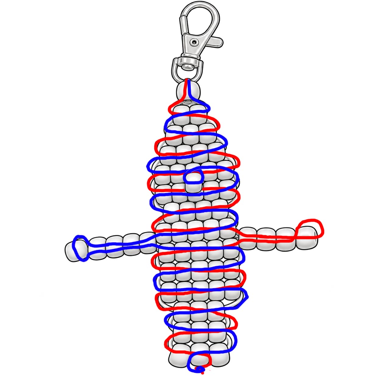 Free pony bead elf pattern showing how to weave the cord through each row of beads.