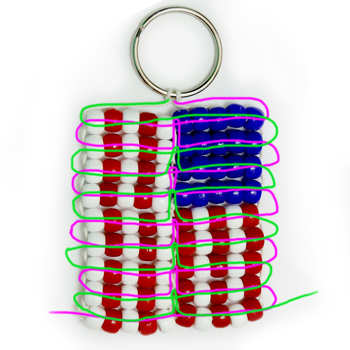 Cord threading pattern for beaded USA flag keychain.