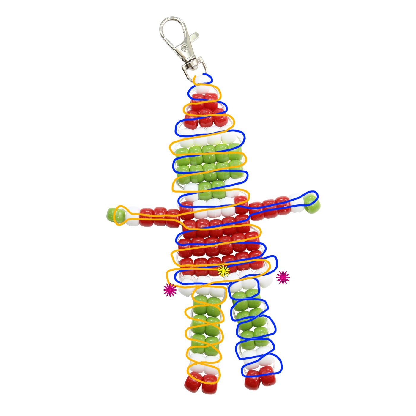 Free pony bead grinch pattern showing how to weave the cord through each row of beads.