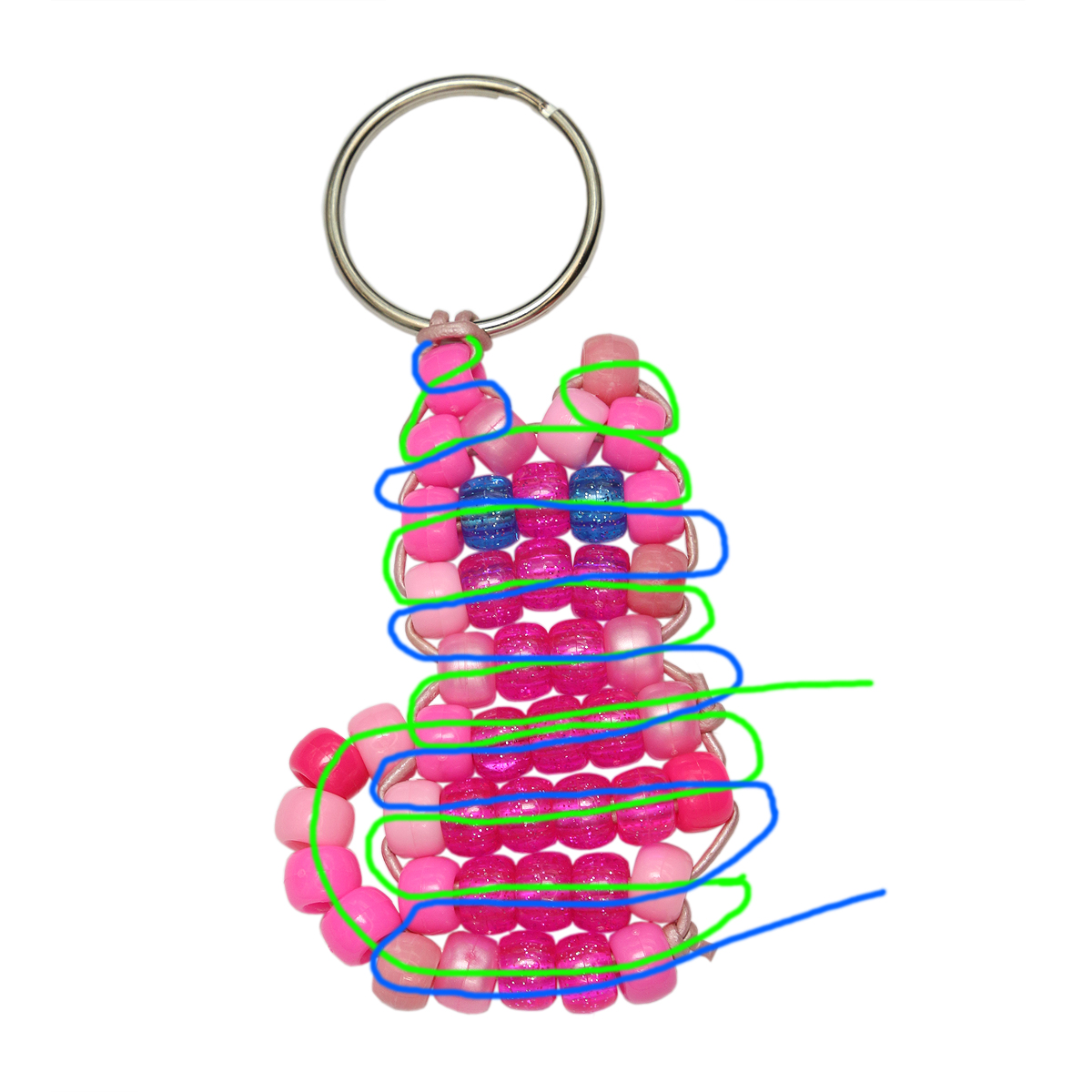 Cord threading pattern for beaded kitty keychain.