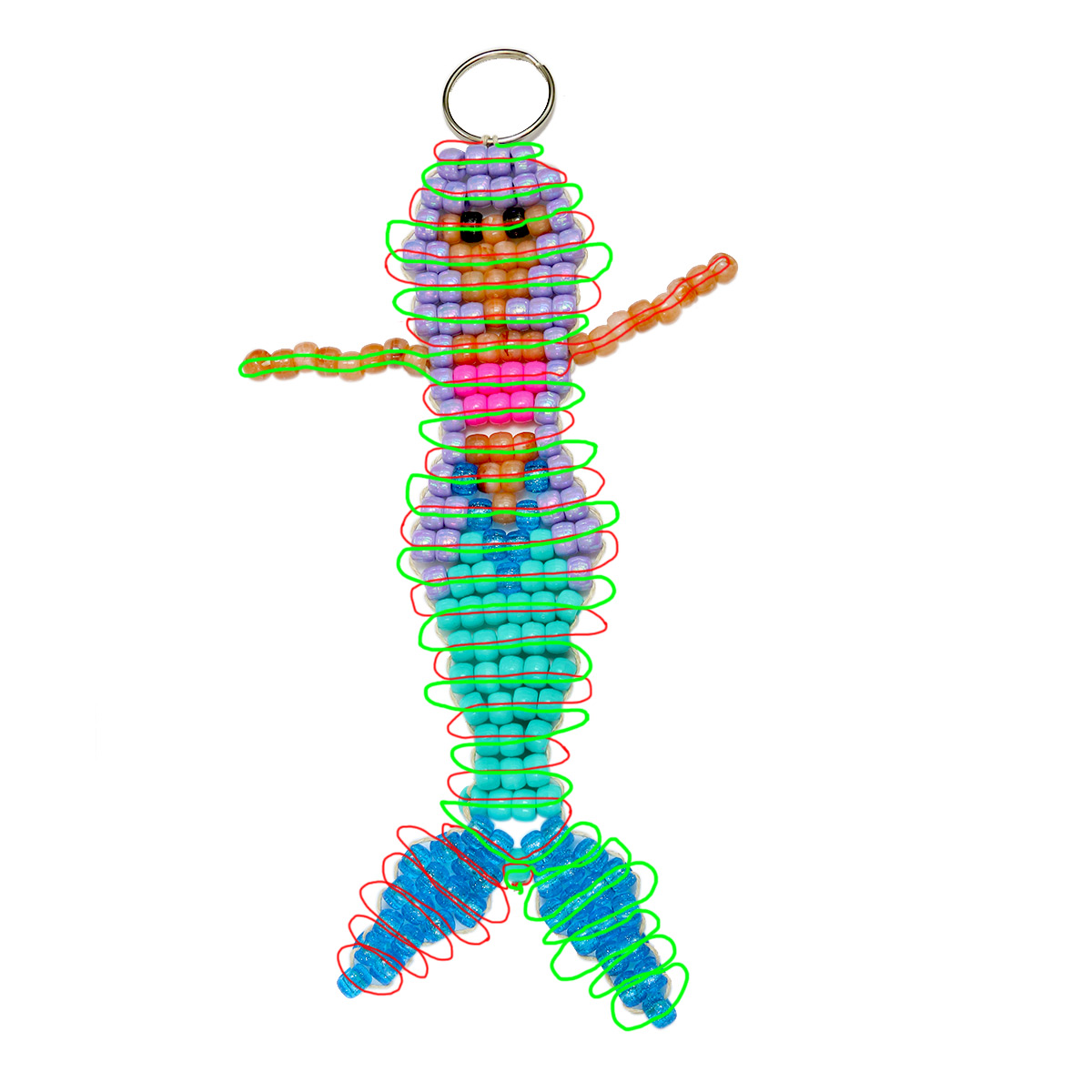 Cord threading pattern for beaded mermaid keychain.