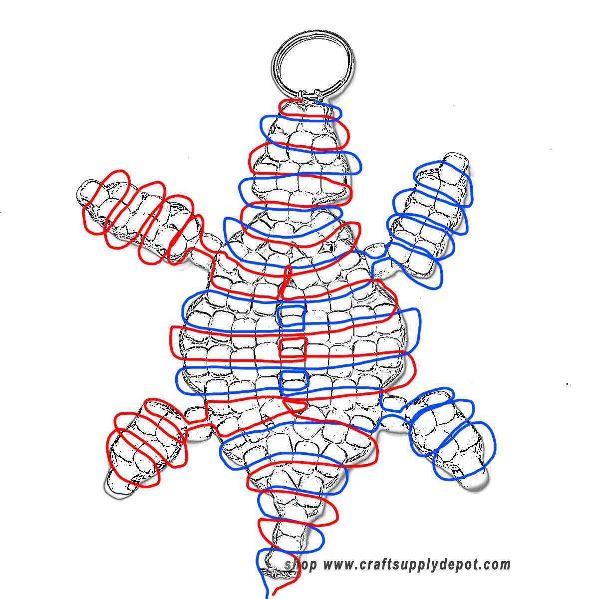 Cord threading pattern for beaded turtle keychain.