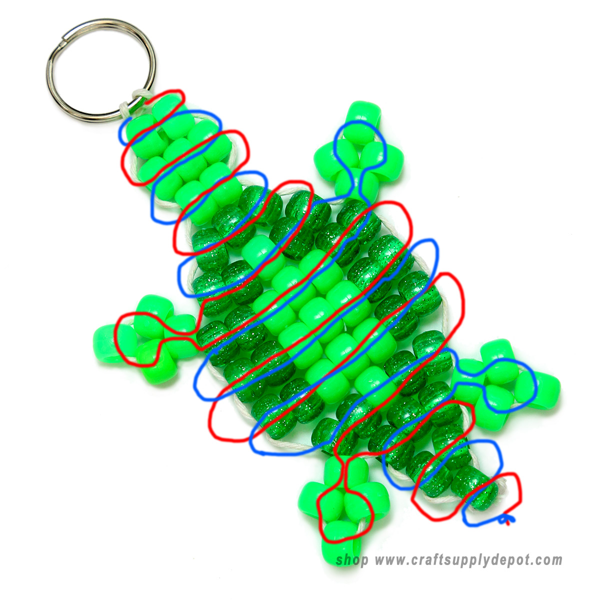 Cord threading pattern for beaded turtle keychain.
