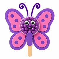 Butterfly fillable ornament half craft idea featuring colorful candies and foam sheet wings for spring and garden-themed decorations.