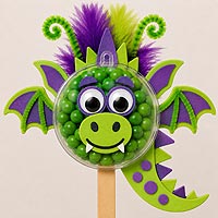 Candy dragon fillable ornament half craft idea with foam sheet wings and colorful embellishments for fantasy and children's crafts.