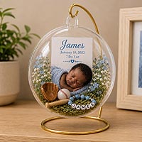 Baby birth announcement fillable ornament featuring newborn photo and birth details for nursery decorations and family keepsakes.