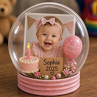 Baby's first birthday fillable ornament keepsake featuring a photo, birthday cake, balloon, and personalized decorations for nursery décor and milestone celebrations.