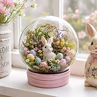 Easter bunny fillable ornament craft idea featuring spring flowers and miniature Easter decorations for home décor and Easter displays.