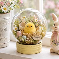 Easter chick fillable ornament centerpiece idea with spring flowers and miniature Easter eggs for seasonal decorating.