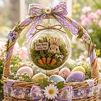 Easter basket centerpiece featuring fillable ornaments, miniature bunnies, and spring flowers for Easter decorating ideas.
