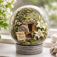 Resurrection Sunday fillable ornament keepsake featuring an empty tomb and He is Risen sign and Easter home décor for spring decorating.