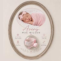 Newborn baby wall hanging keepsake featuring birth information and a fillable ornament displaying baby's hospital bracelet and first mementos.