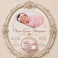 Personalized newborn baby keepsake with photo, birth details, and fillable ornament hospital bracelet for baby shower and nursery decorating ideas.