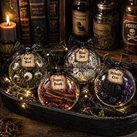 Halloween potion fillable ornament decorations featuring Dragon's Breath, Bat Dust, and Ghostly Brew for spooky party and table decorations.