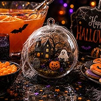 Halloween fillable ornament miniature scene featuring a ghost, pumpkin, and spooky woodland decorations for Halloween home décor.