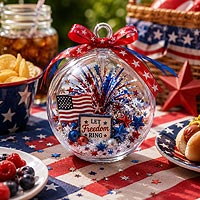 Fourth of July fillable ornament featuring patriotic embellishments, American flags, and festive red, white, and blue decorations.