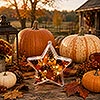 Fall fillable star ornament craft glowing among pumpkins and autumn decorations for a warm seasonal centerpiece, porch or harvest display.