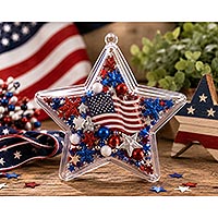 Patriotic fillable star ornament craft decorated with red, white and blue stars, ribbon and American flag accents for Fourth of July decorations.