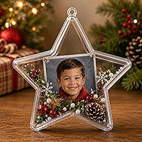 Personalized fillable star photo ornament with a child's picture and holiday accents for a Christmas keepsake ornament, family gift or memory craft.