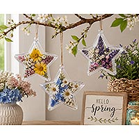 Spring fillable star ornament craft ideas with clear stars filled with colorful dried flowers and beads for hanging spring and garden decorations.