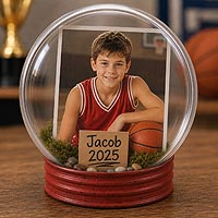Basketball fillable ornament keepsake featuring a sports portrait and personalized name tag for youth sports memories and gifts.
