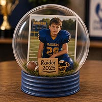 Personalized football keepsake ornament featuring a sports photograph for athletic awards and school sports memories.