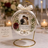 Wedding fillable ornament centerpiece idea featuring a bride and groom keepsake for guest tables, bridal showers, and wedding decorations.
