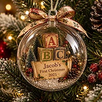Baby's first Christmas fillable ornament keepsake featuring alphabet blocks and holiday decorations for newborn Christmas memories.
