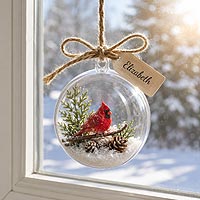 Cardinal fillable Christmas ornament featuring winter greenery and rustic holiday decorations for seasonal home décor.