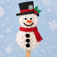 Snowman candy pop craft made with half of a fillable ornament, marshmallows, and foam sheets for Christmas classroom projects and holiday party favors.