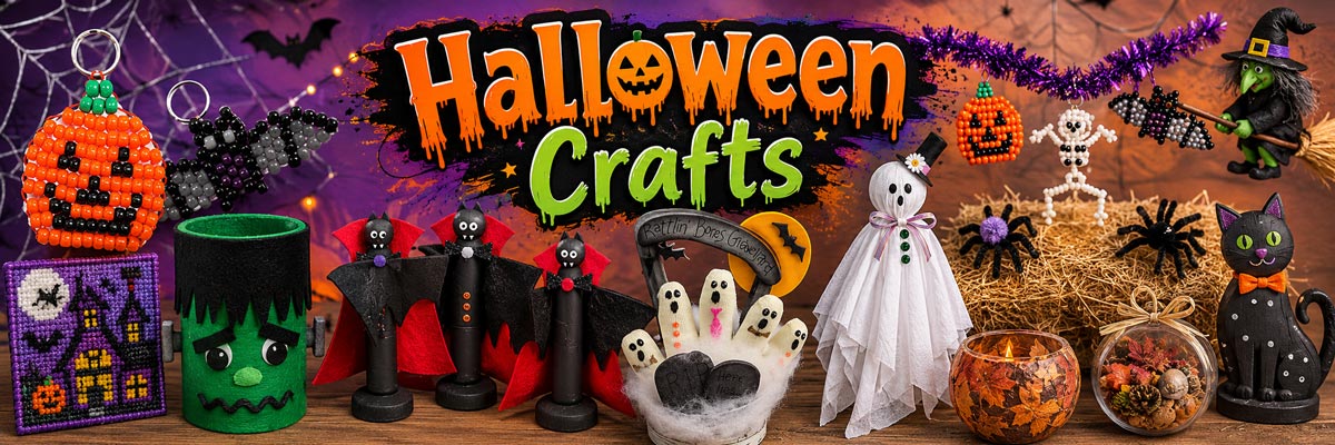 Halloween crafts and craft ideas with handmade pumpkins, ghosts, witches, bats, wreaths, ornaments and DIY Halloween decorations for kids and adults.