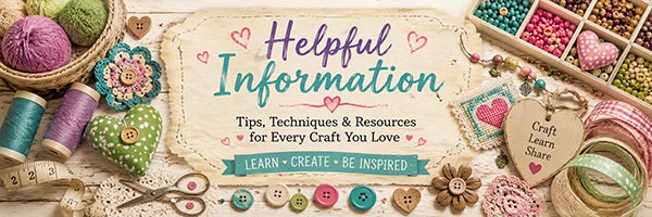 Colorful Helpful Information banner featuring beads, thread, ribbon, sewing notions, and other craft supplies representing the collection of craft reference charts, helpful guides, and creative resources found at Fun Craft Patterns.
